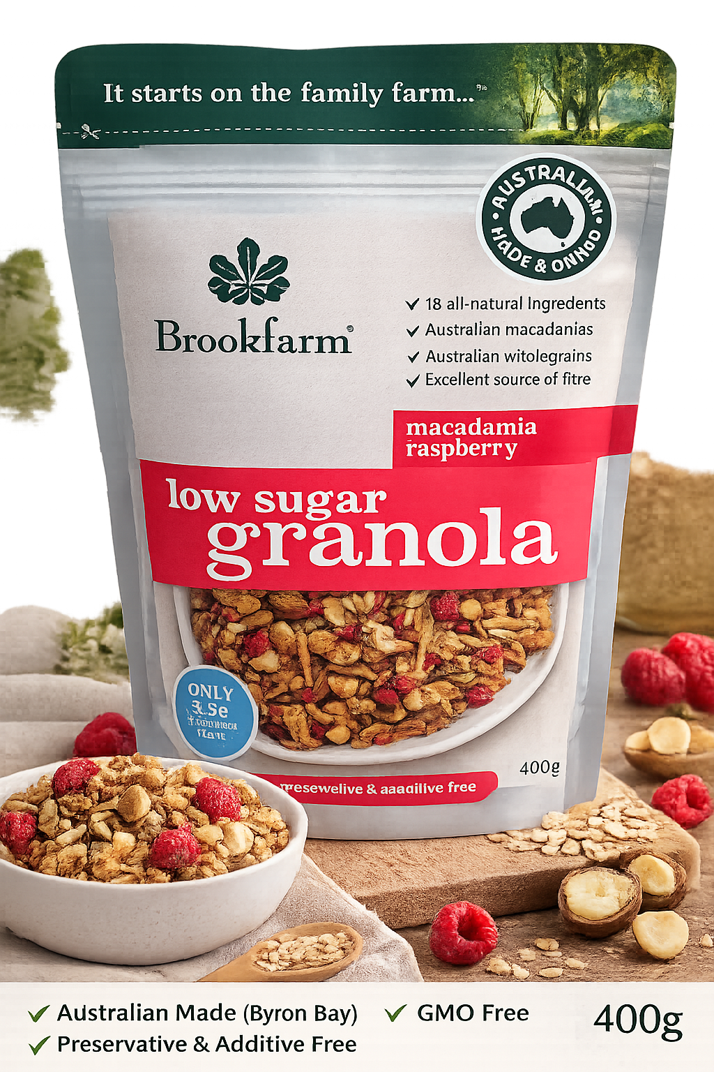 Brookfarm Low Sugar Granola Macadamia Raspberry 400g - Whisked.net.au