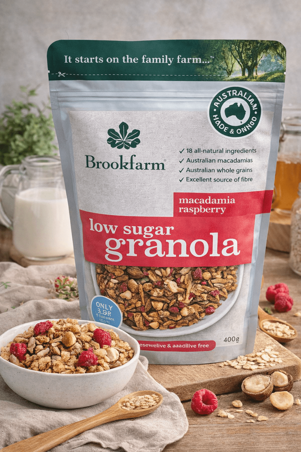 Brookfarm Low Sugar Granola Macadamia Raspberry 400g - Whisked.net.au