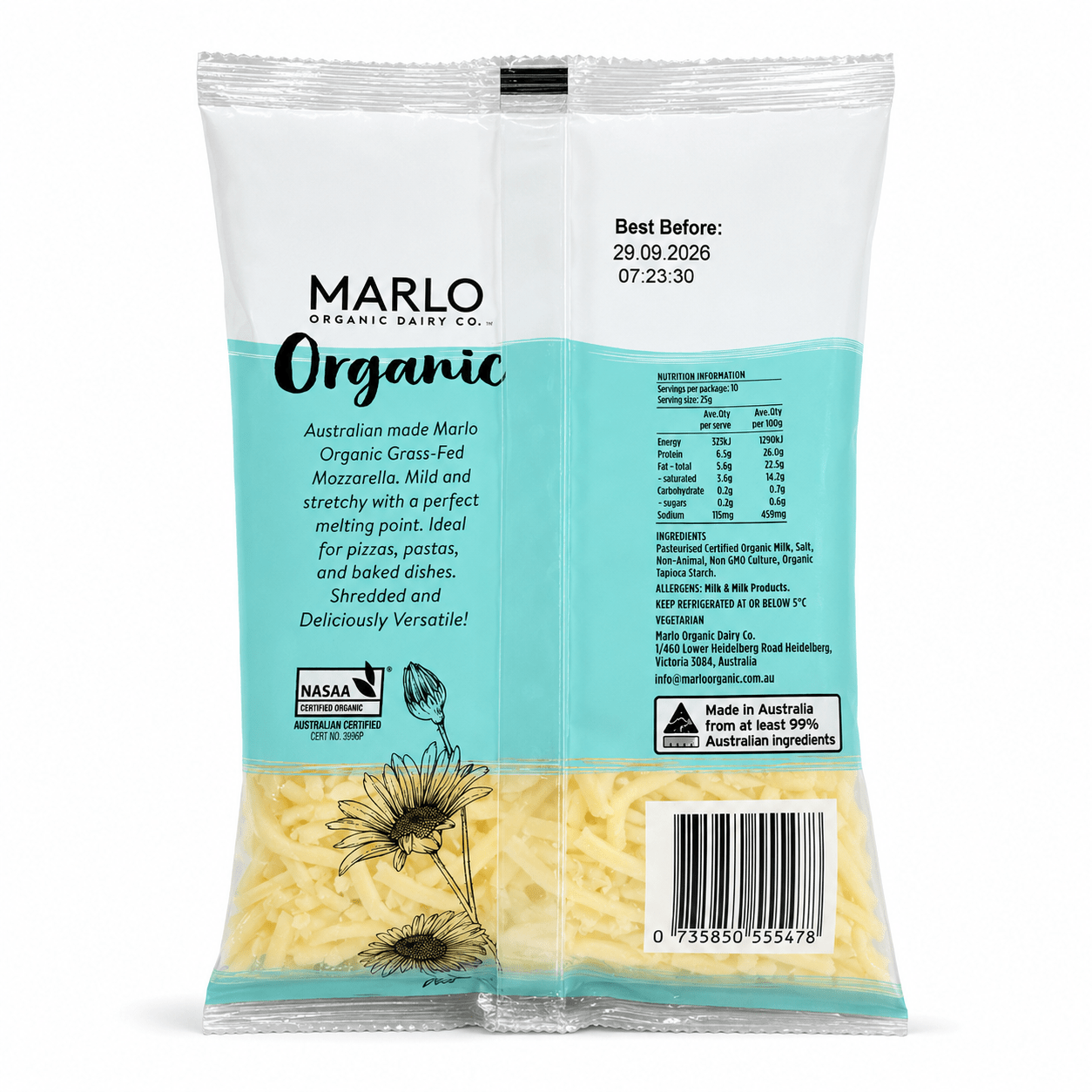 Marlo - Organic Shredded Mozzarella Cheese - 250g - Whisked.net.au