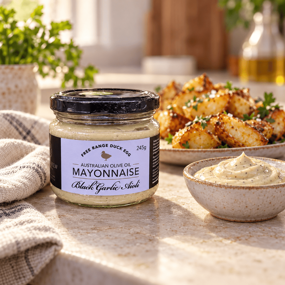 Rangeview Farm Foods – Australian Olive Oil Mayonnaise – Black Garlic Aioli – 245g - Whisked.net.au